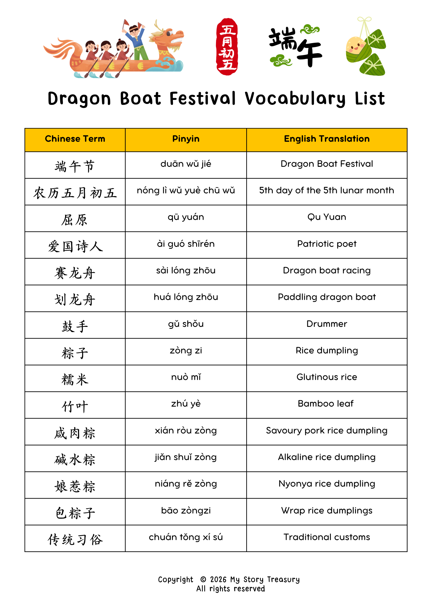 Digital Download - Dragon Boat Festival Vocabulary List